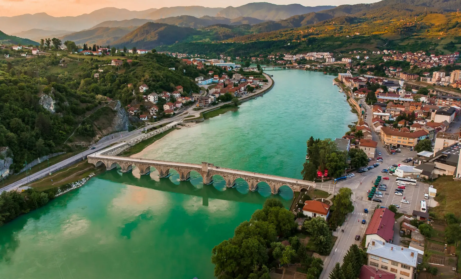 View of the historic Mehmed-paša’s Bridge over the Drina River in Višegrad, Bosnia and Herzegovina.