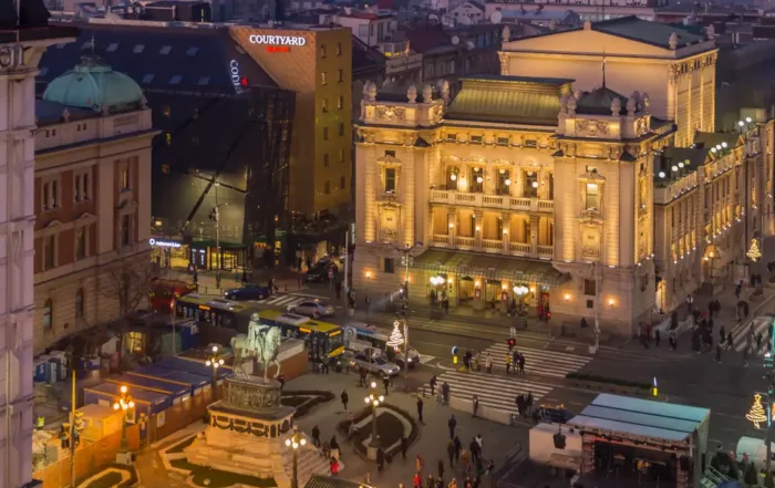 Belgrade Republic Square and National Theatre in the evening